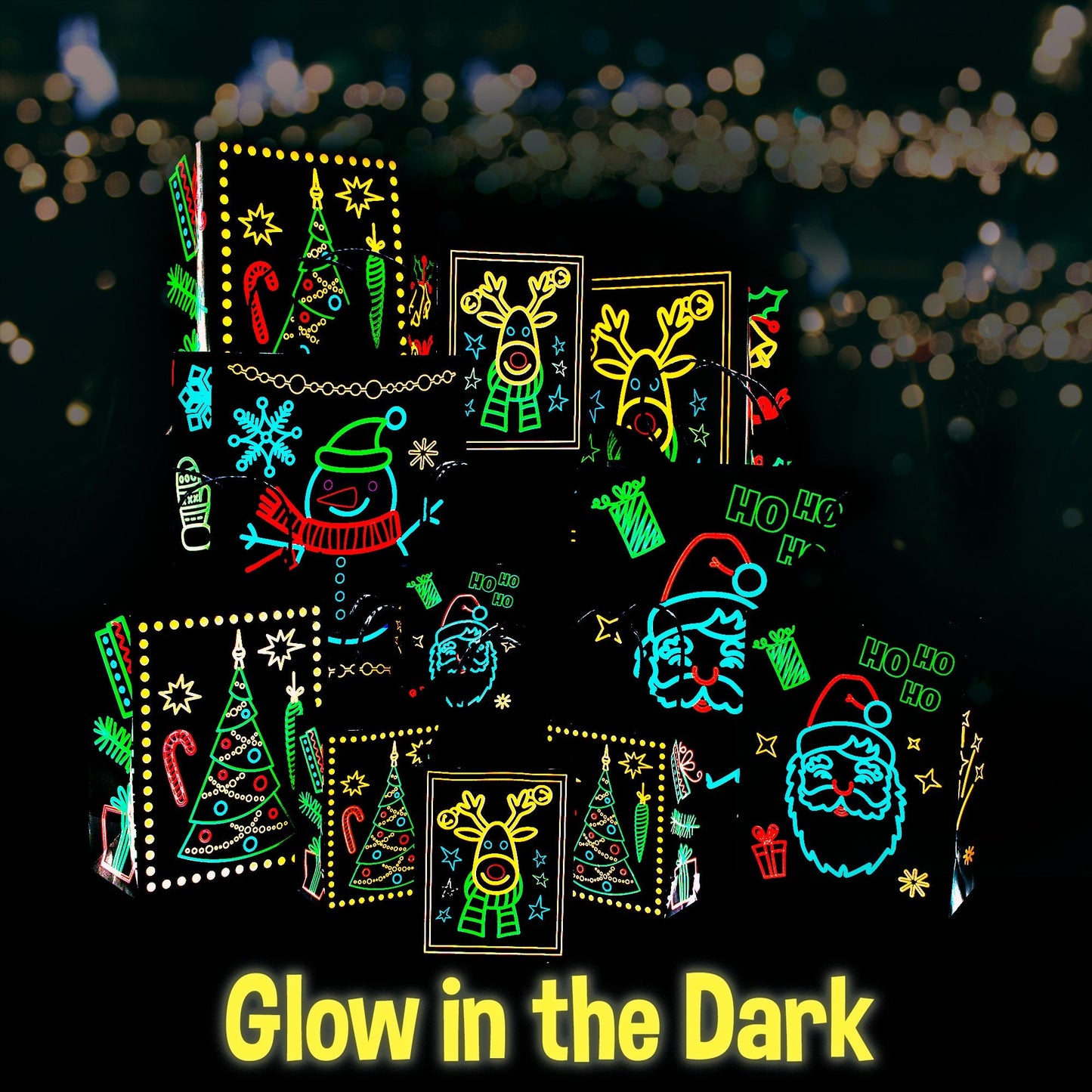Christmas Holiday Glow-in-The-Dark Gift Bag, 22 Piece 11 Bags of 4 Different Designs, 3 Sizes Large Medium Small, 10 Stickers Labels, 11 White Tissue Papers, Gift Set with Unique Luminous Festive