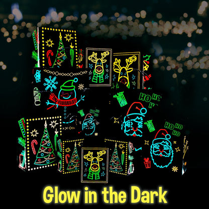 Christmas Holiday Glow-in-The-Dark Gift Bag, 22 Piece 11 Bags of 4 Different Designs, 3 Sizes Large Medium Small, 10 Stickers Labels, 11 White Tissue Papers, Gift Set with Unique Luminous Festive