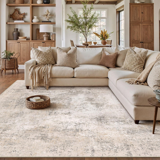 HUGEAR 8x10 Area Rug Beige Machine Washable Rugs Abstract Indoor Rug Modern Low Pile Carpet Distressed Throw Rug for Bedroom Living Office Dining Laundry Non Slip
