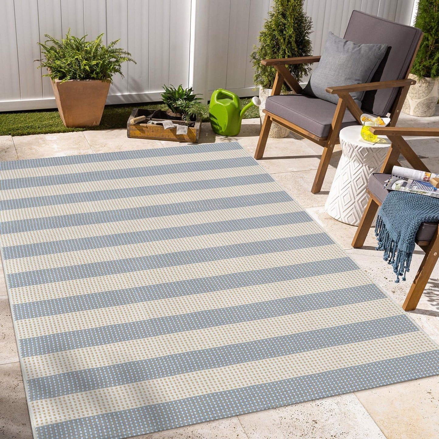 OJIA Washable Area Rugs 4'x6', Striped Outdoor Rug Cotton Woven Entryway Rugs Indoor Patio Rugs Carpet Large Area Rugs for Bedroom/Porch/Deck/Backyard/Camping/Living Room (Blue/White/Tan)