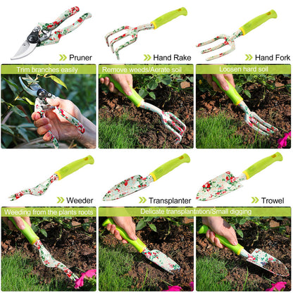 Gardening Tool Set - 13 PCS Heavy Duty Aluminum Gardening Tools Kit Floral Print Garden Tool Set with Non-Slip Rubber Handle & Durable Storage Tote Bag Gardening Supplies Gifts for Women Men