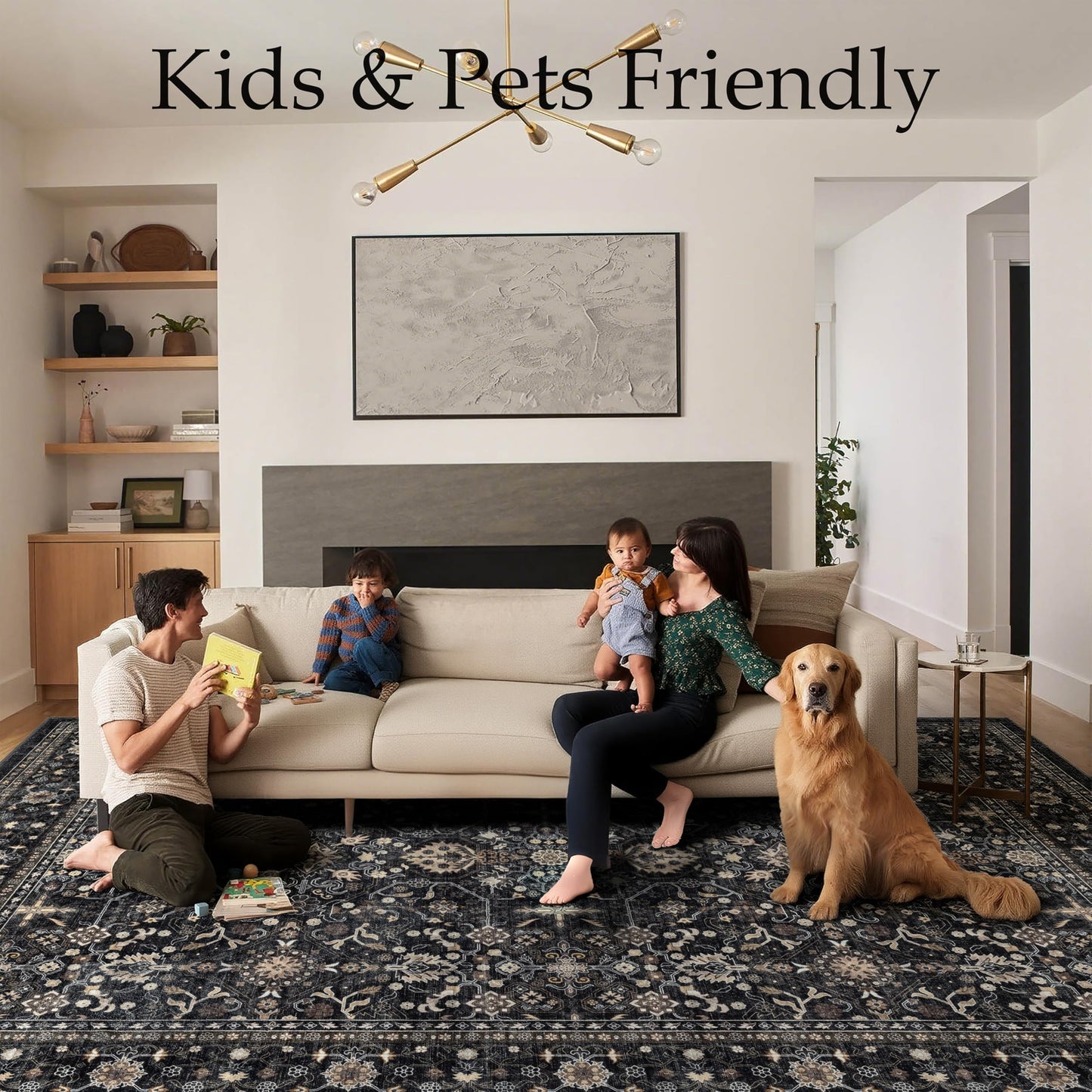 Ruaruarug Washable Area Rug 8x10 for Living Room, Bedroom, Ultra Soft Non Slip Stain & Fade Resistant, Pet & Kids Friendly, Suitable for High Traffic Areas Easy to Clean for Office Kitchen, Black Grey