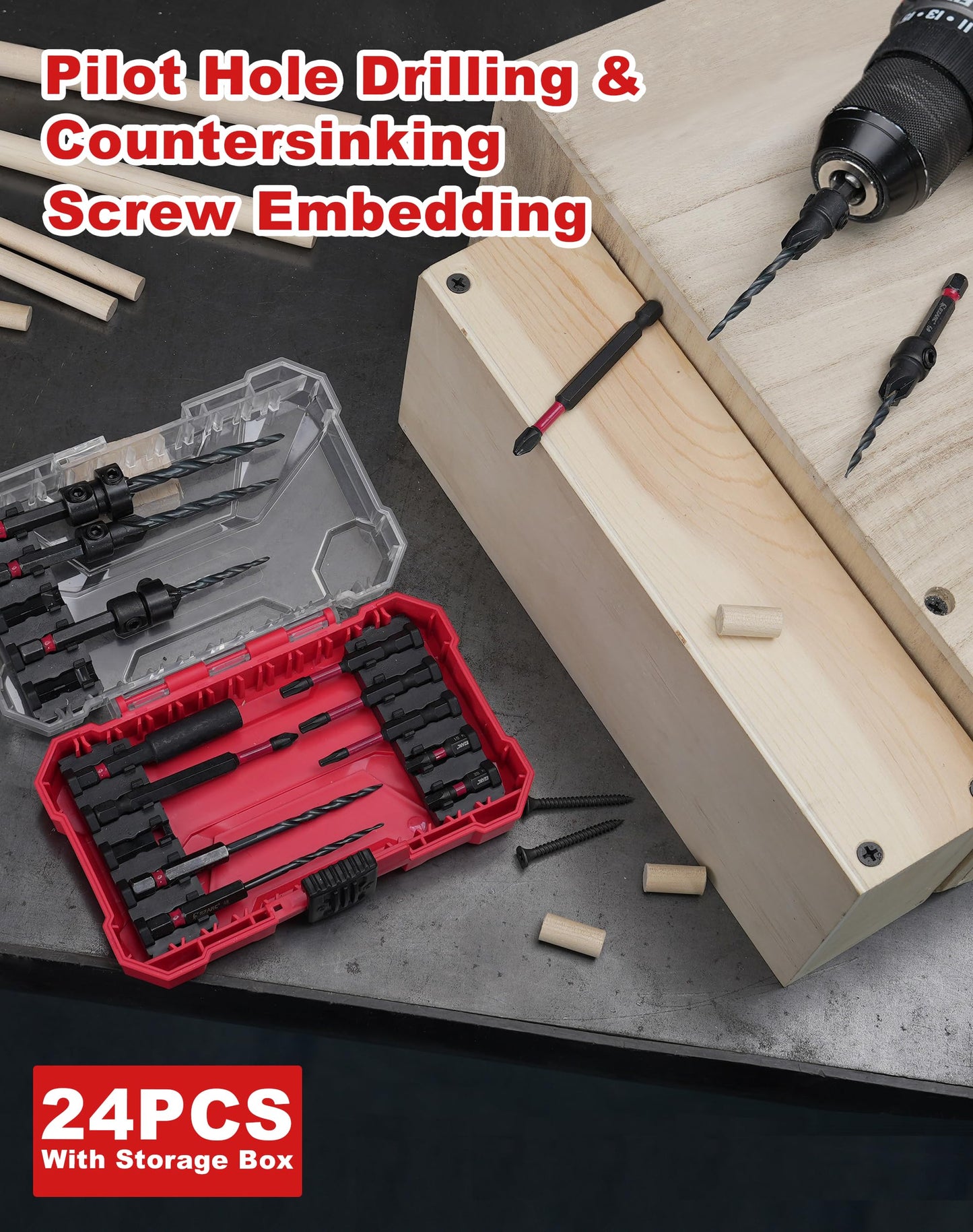 EZARC Countersink Drill Bit Set, 24 PCS Tapered Drill Bits Counter Sink Drill Bit with 6PCS Wooden Sticks 1/4" Hex Shank Quick Change for Woodworking with Storage Box