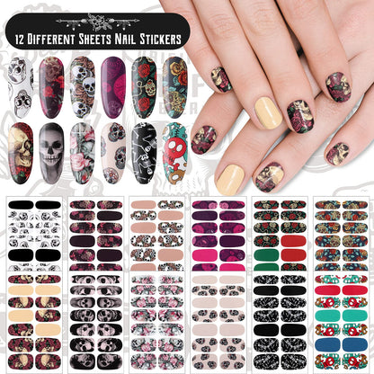 Maitys 168 Pcs 12 Sheets Halloween Goth Full Wrap Nail Stickers Nail Polish Strips Decals Skull Self Adhesive for Women DIY Decoration(Skeleton Style)
