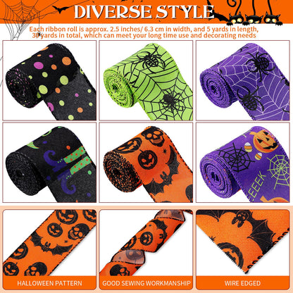 Chuangdi 6 Rolls 30 Yards Halloween Wired Edge Ribbons Bat Spider Web Printed Ribbon Halloween Witch Hat Skull Pumpkin Wired Edge Decoration for Wreaths DIY Crafts Gift Wrapping Supplies