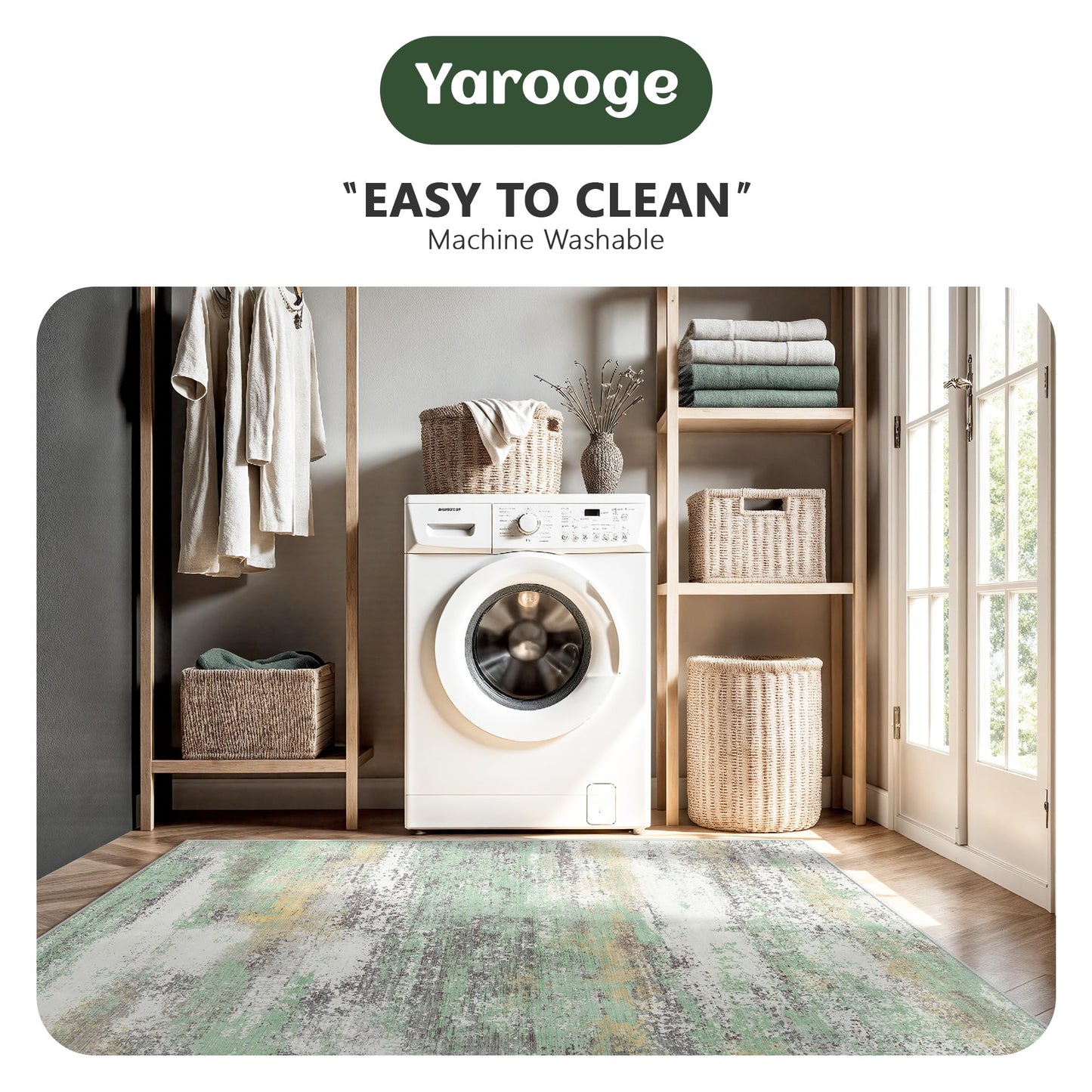 Yarooge 8x10 Area Rugs, Abstract Modern Ultra Soft Washable Rug, Non Slip Carpet with Rubber Back, Large Rugs for Living Room, Bedroom, Dining Room Decor(Light Green/Cream)
