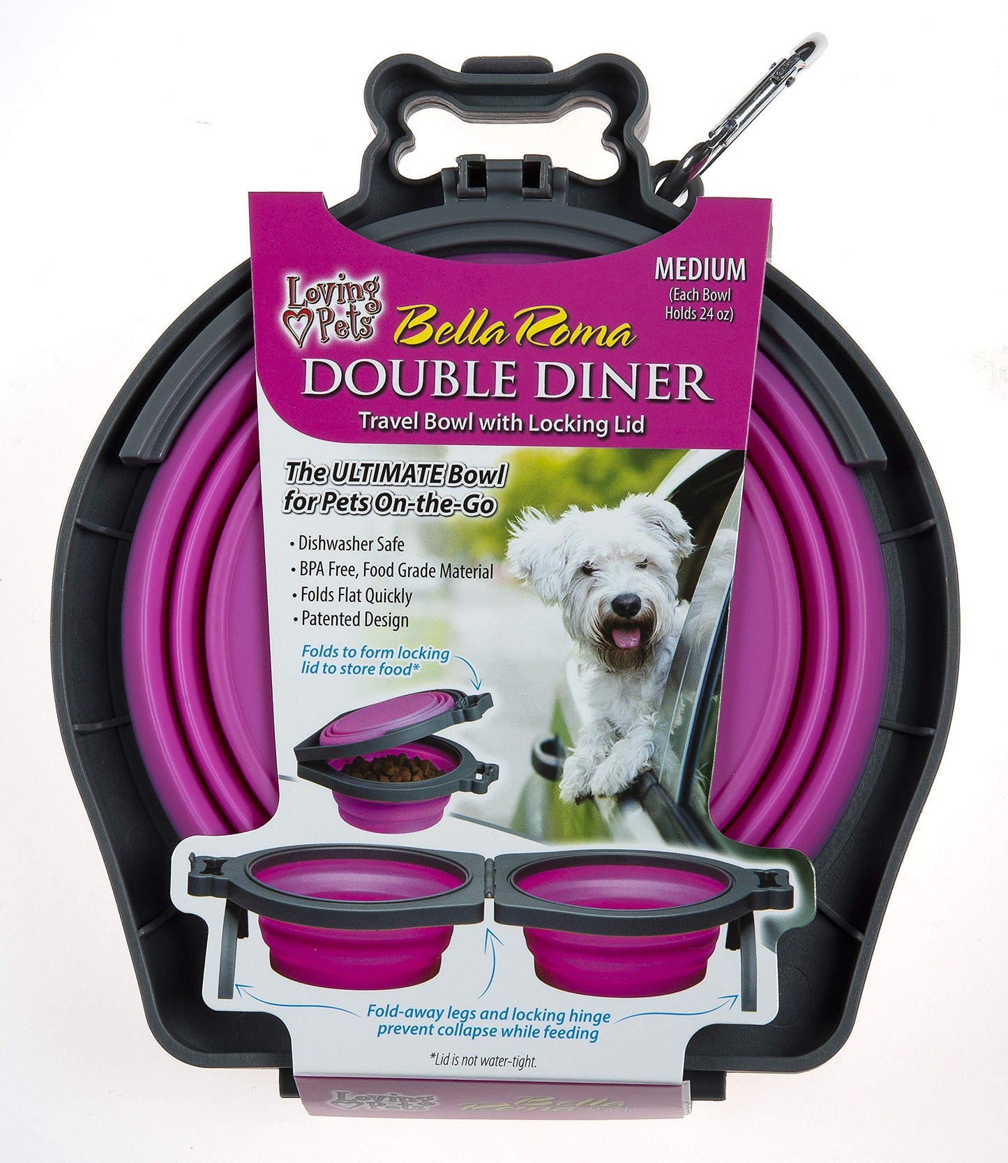 Loving Pets - Bella Roma Double Diner Portable Travel Dog Bowls Collapsible Combined Dog Food & Water Bowls (Pink, Medium)