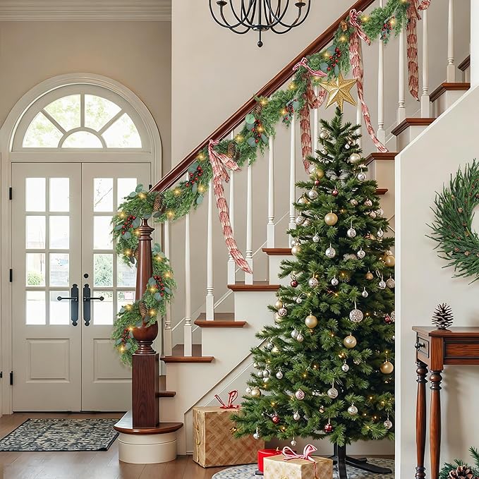 6ft Christmas Garland with Lights Artificial Cedar Cypress Garland with Pine Cones Garland for Home Fireplace Wall Indoor Outdoor Holiday Party Decoration