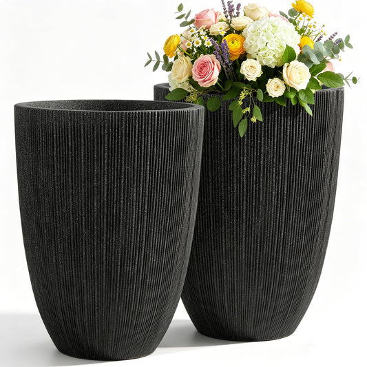 Ultym 19" Concrete-Style Tall Round Planters for Indoor Outdoor Plants, Set of 2 Decorative Fluted Large Flower Pot, UV-Resistant Top-Tier Resin Planters for Garden Patio Porch Home Office Decor