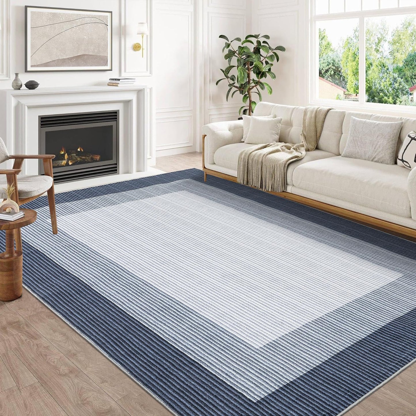GarveeHome Washable Rug 8x10 Living Room Rugs, Modern Neutral Bordered Rug for Dining Room Solid Non Slip Low Pile Pet Friendly Large Carpet for Farmhouse Apartment Bedroom Dorm Blue