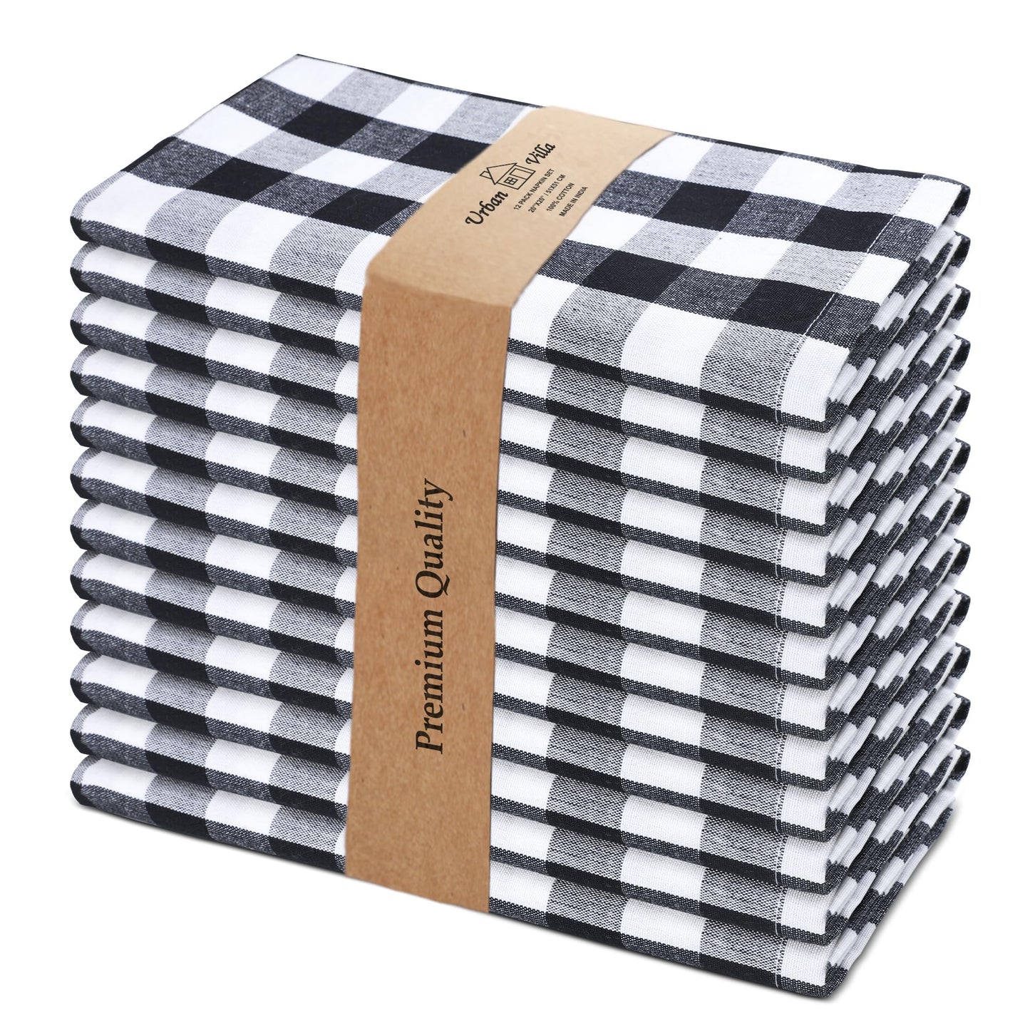 Urban Villa Cloth Napkins 100% Cotton Dinner Napkins Highly Absorbent 20x20 Inches (Set of 12) Black White Buffalo Checks Reusable Washable Soft Durable Premium Napkins Ideal for Home Wedding Parties