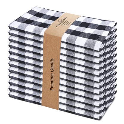 Urban Villa Cloth Napkins 100% Cotton Dinner Napkins Highly Absorbent 20x20 Inches (Set of 12) Black White Buffalo Checks Reusable Washable Soft Durable Premium Napkins Ideal for Home Wedding Parties