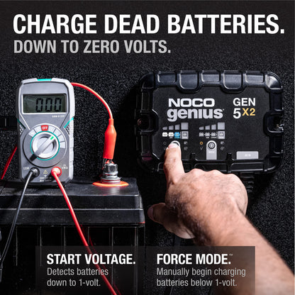 NOCO Genius GEN5X2: 2-Bank, 10A Onboard Battery Charger - 5A Per Bank, 12V Waterproof Marine Charger with Overcharge Protection & Temperature Compensation – for Lead-Acid & Lithium Batteries