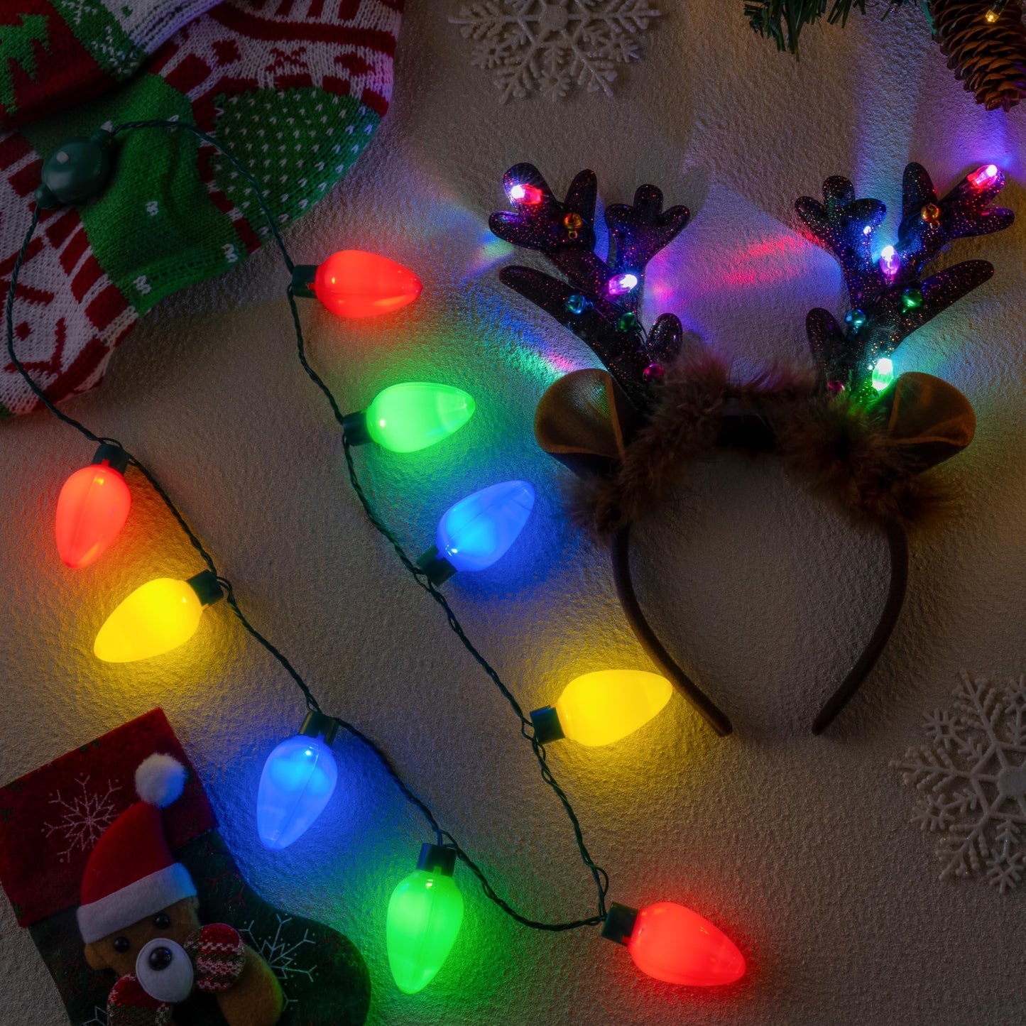 JOYIN 2PCS Christmas LED Necklace and Reindeer Headband, Light Up Necklace with 9 Bulbs, Christmas Headwear and Holiday Parties Xmas Costume Accessories Party Favors.