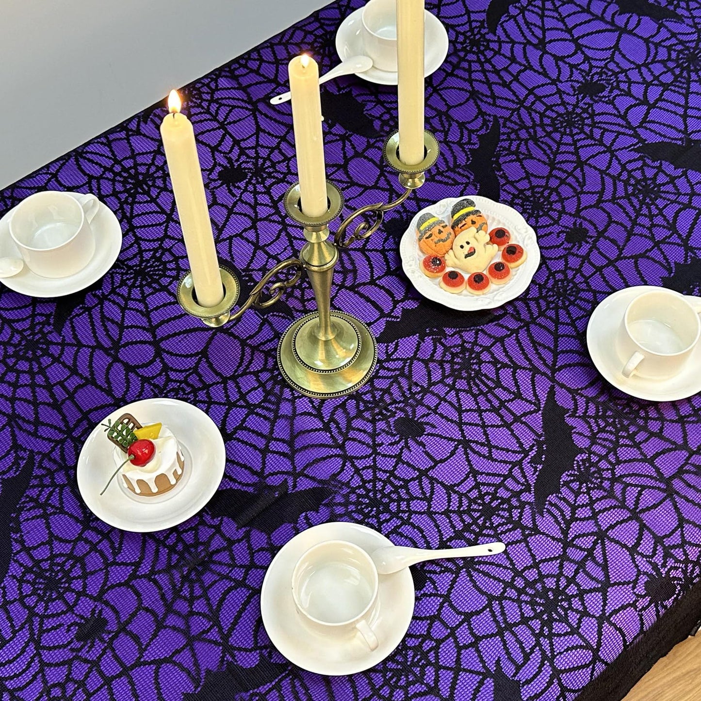 OurWarm 2PCS Halloween Tablecloth, Rectangular Polyester Black Lace & Purple Lined Tablecloth, Spider Web Table Cover for Scary Halloween Table Decorations, 60 x 84 Inch