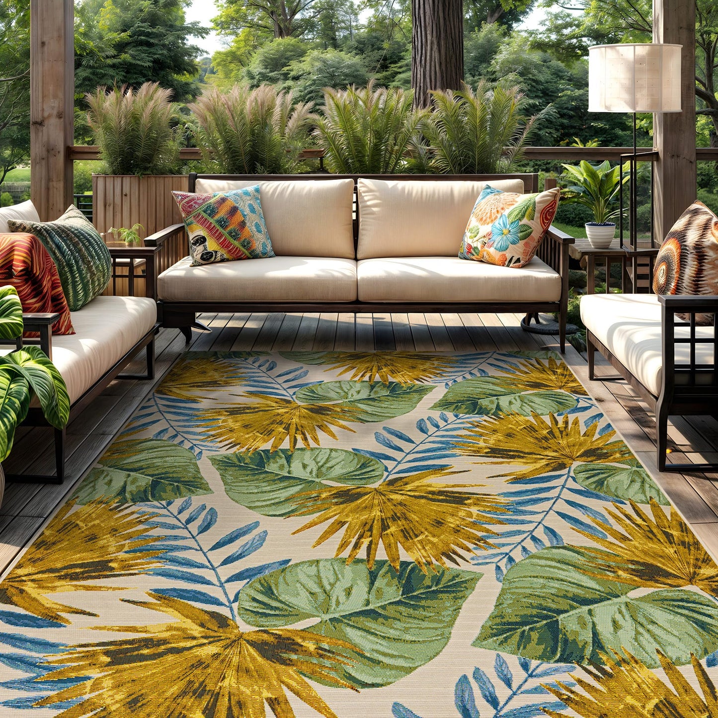 Rugshop Tropical Garden Palm Indoor/Outdoor Patio Area Rug, Easy Clean Outdoor Rug for Porch Deck Balcony, Green Gold 7'10" x 10'6" Green