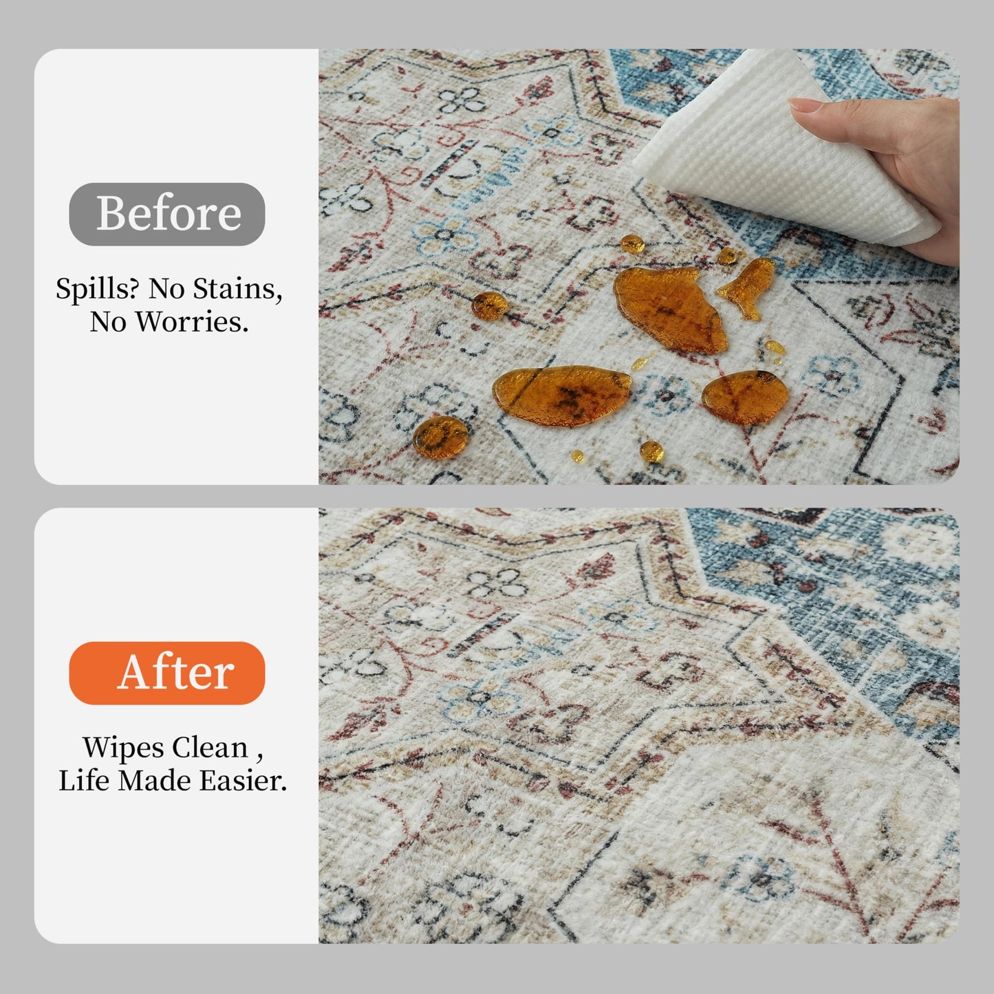 4x6 Moroccan Washable Area Rugs, Oriental Accent Rugs with Non-Slip Backing, Distressed Design Low Pile Soft Carpet for Living Room, Bedroom, Dining Room, Home Office, Blue/Multi