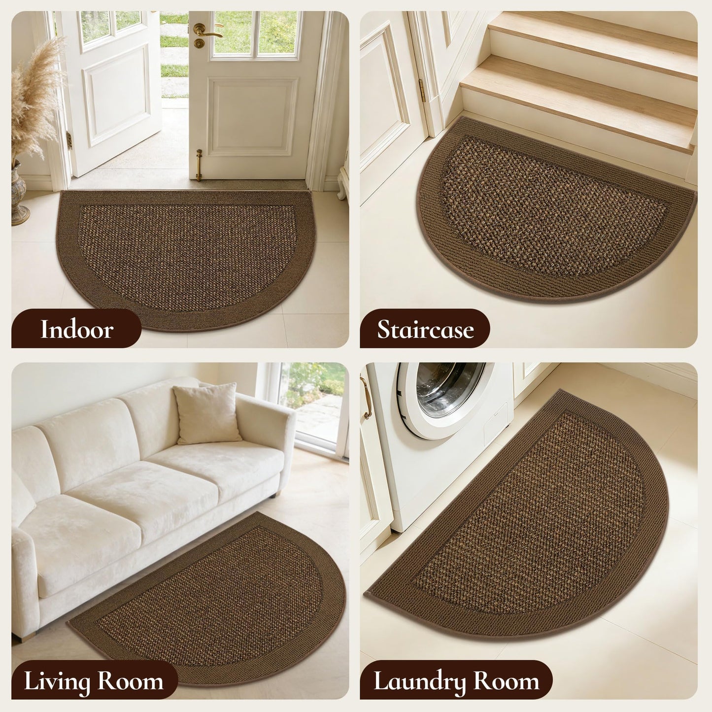 FLOORHUG Half Circle Door Mat Indoor Entrance Welcome, Non-Slip Washable Doormat, Trap Dirt and Moisture, Low Profile Mats for Indoor Entry, 24"x36", Brown