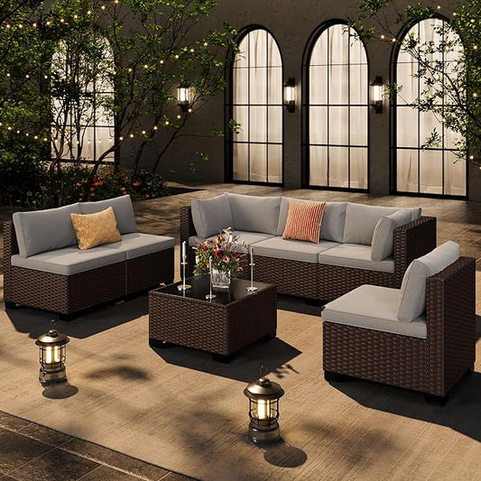 Ahomly 7-Piece Patio Furniture Set, Outdoor Sectional Couch with Water-Resistant Cushions & Coffee Table, PE Rattan Outdoor Patio Sofa Set for Backyard, Deck, Garden, or Porch, Grey
