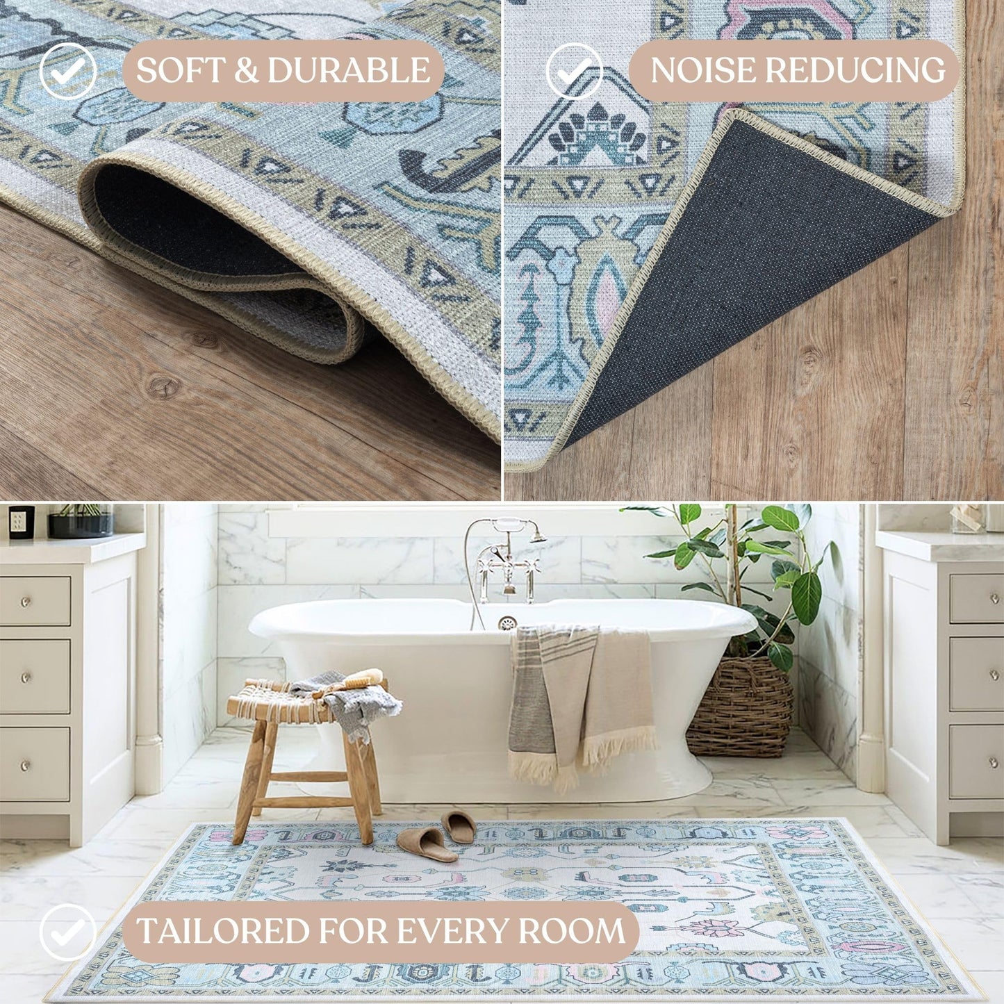 Fame Living Cream Green Oushak Rug, Modern, Vintage, Turkish, Eclectic, Floral, Pastel, Washable, Area Rugs for Living Room, Dining, Bedroom, Office, Entryway, Foyer, Playroom, Nursery, 5'x6'9"