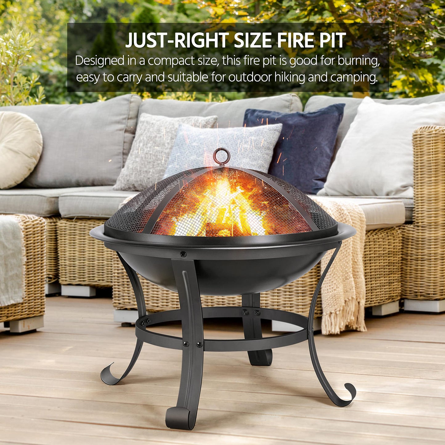 Yaheetech Round Steel Fire pit for Garden Fire Bowl Outdoor Fire Pit Charcoal Log Wood Burner Patio Heater with Mesh Screen Cover & Poker for Camping Bonfire Picnic