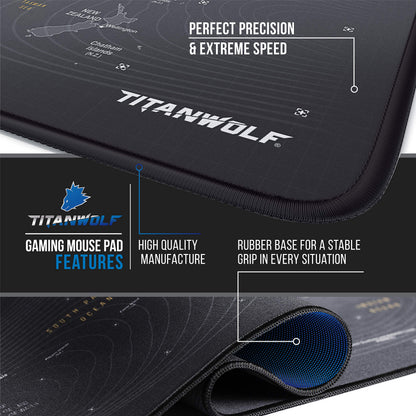 TITANWOLF World Map XXL Speed Gaming Mouse Pad Mouse Mat - 900 x 400 x 3mm - XXL mousepad - Table mat large size - improved precision and speed - Design Planisphere