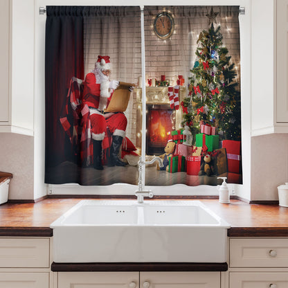 Ambesonne Santa Long Kitchen Curtains, Old Santa Claus Sitting at Home at Christmas Night Reading a Letter Near The Tree, Two Panels Drapes with Rod Pocket Room Decor, 55" x 45", Red Beige