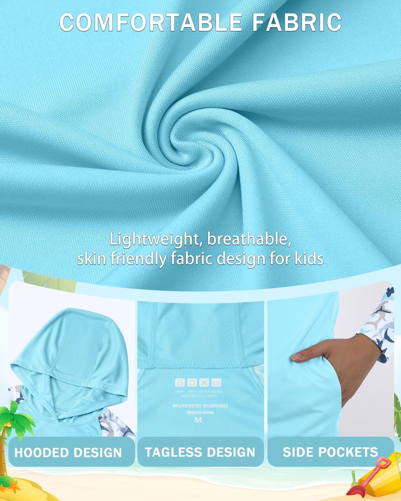 DRONIRING Boys Rash Guard Swim Hoodie, UPF 50+ UV Sun Protection Long Sleeve Fishing Shirt, Kids Youth SPF Water Shirts