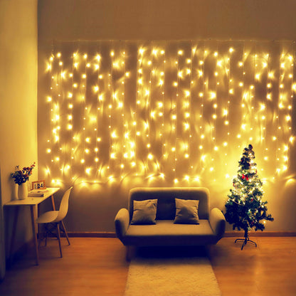 HEYFUNi Curtain Lights,13ftx6.5ft Safety Window Curtain Icicle String Lights 30V 8 Modes for Christmas Wedding Party Family Patio Lawn Decoration(Warm White)
