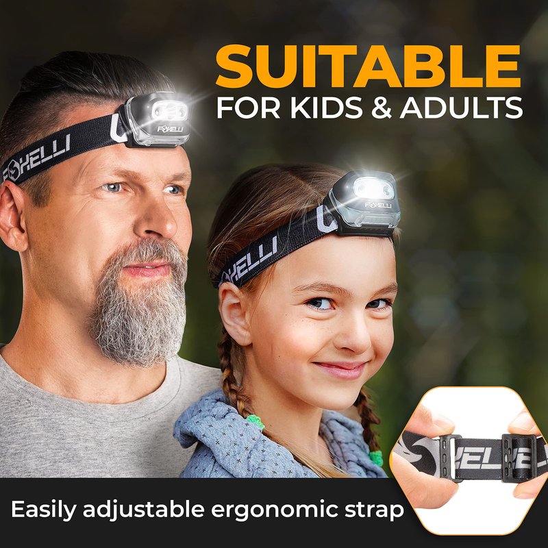 Foxelli LED Headlamp Flashlight for Adults & Kids, Running, Camping, Hiking Head Lamp with White & Red Light, Comfortable Headband, Lightweight & Waterproof, 3 AAA Batteries