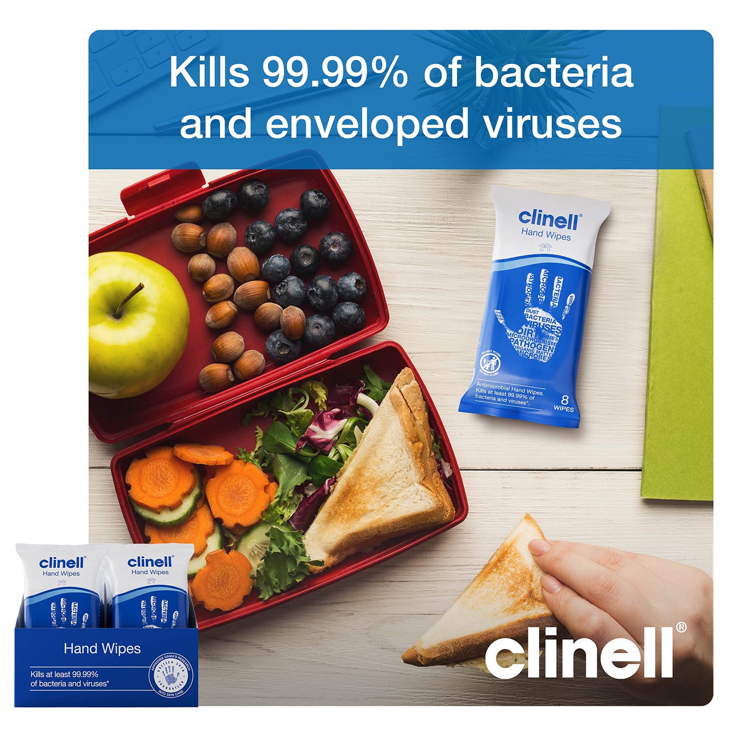 Clinell Antimicrobial Hand Wipes Ideal for Travel - 20 Packs of 8 Wipes - Dermatologically Tested, Kills 99.99% of bacteria & viruses