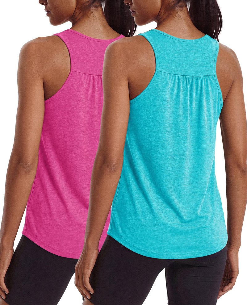PINSPARK Sleeveless Workout Tops for Women Racerback Tank Top Lightweight Yoga Shirt Scoop Neck Running Activewear,Hot Pink/Turquoise L