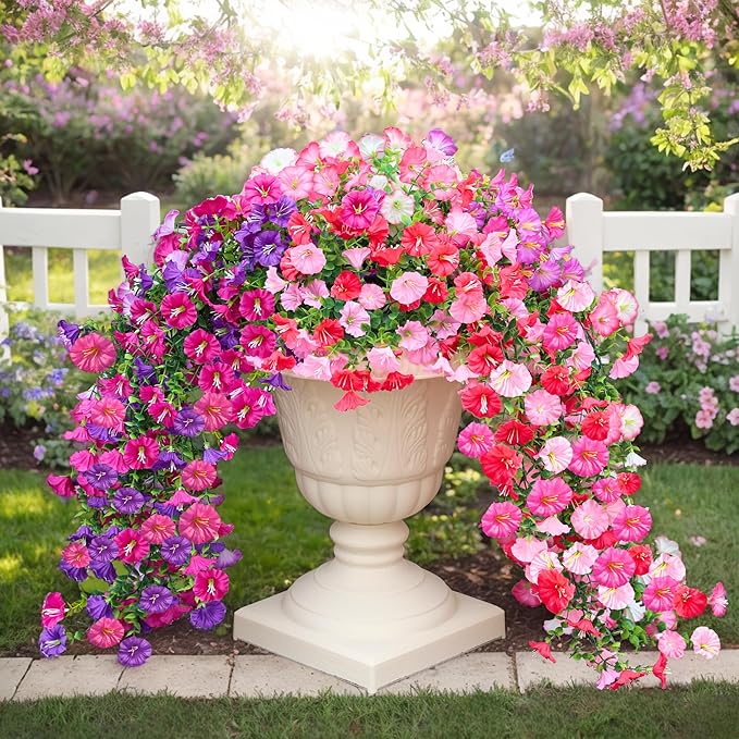 7 Color Mix Artificial Hanging Flowers for outdoor, 8 Pcs Fake Silk Petunias Plants Arrangement, for Spring Summer Outdoor Decoration, UV Resistant, Morning Glorias,for Home Garden Decor (PinkPurple)