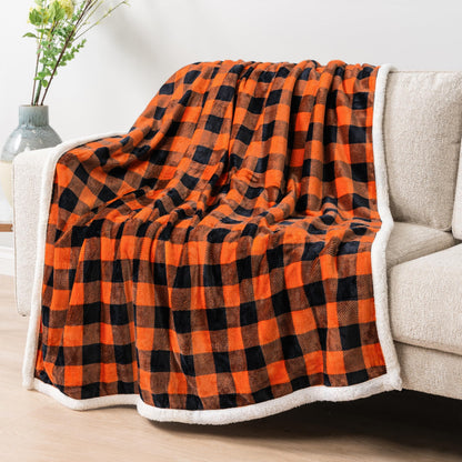 PAVILIA Black Orange Buffalo Plaid Sherpa Throw Blanket for Couch Twin, Soft Fuzzy Flannel Blanket for Bed, Plush Halloween Checkered Fleece Blanket and Throws, Warm Thick Winter Blanket Gift, 60x80