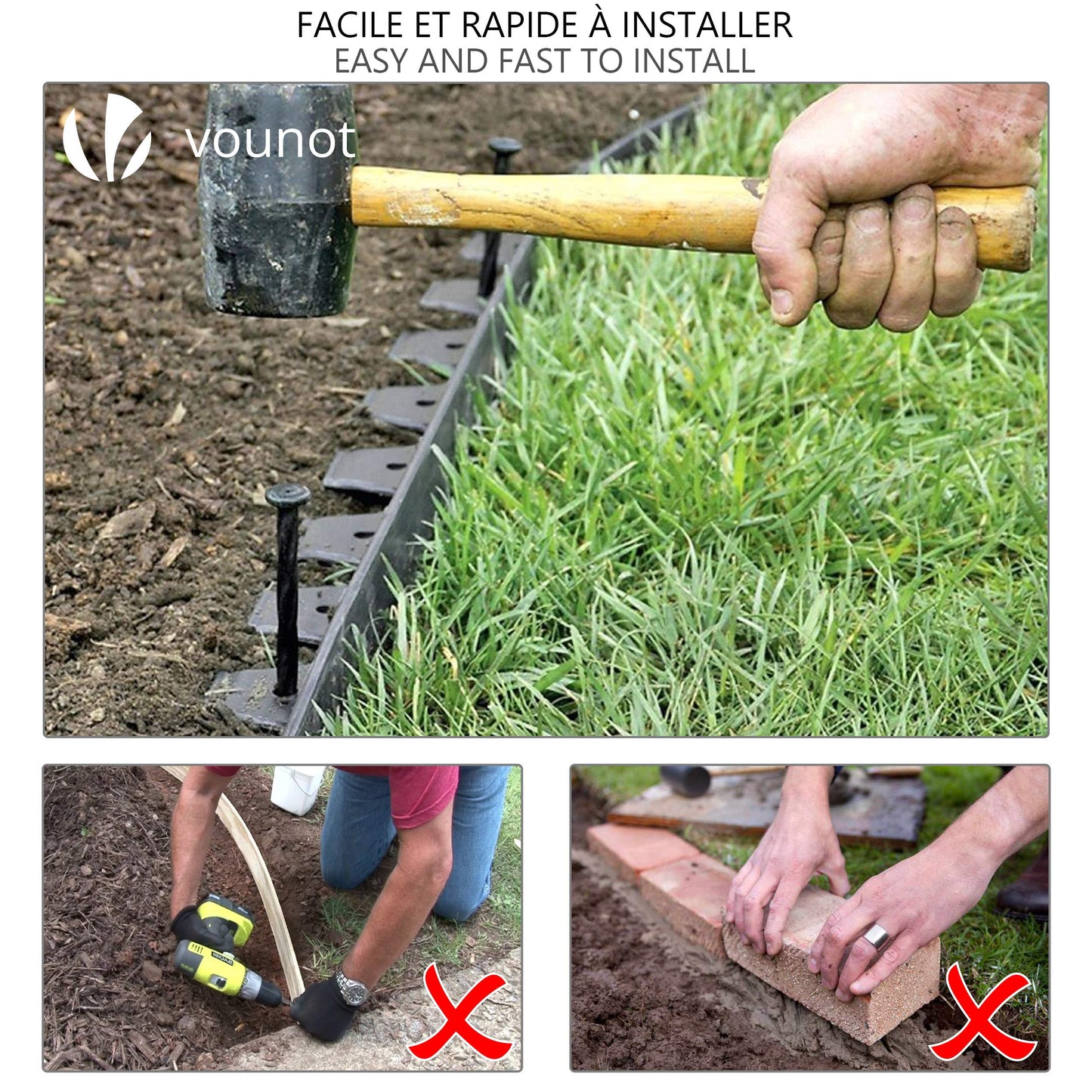 VOUNOT 10m Flexible Lawn Edging, Plastic Garden Edging Border with 30 Strong Securing Pegs, Height 5cm, Grey