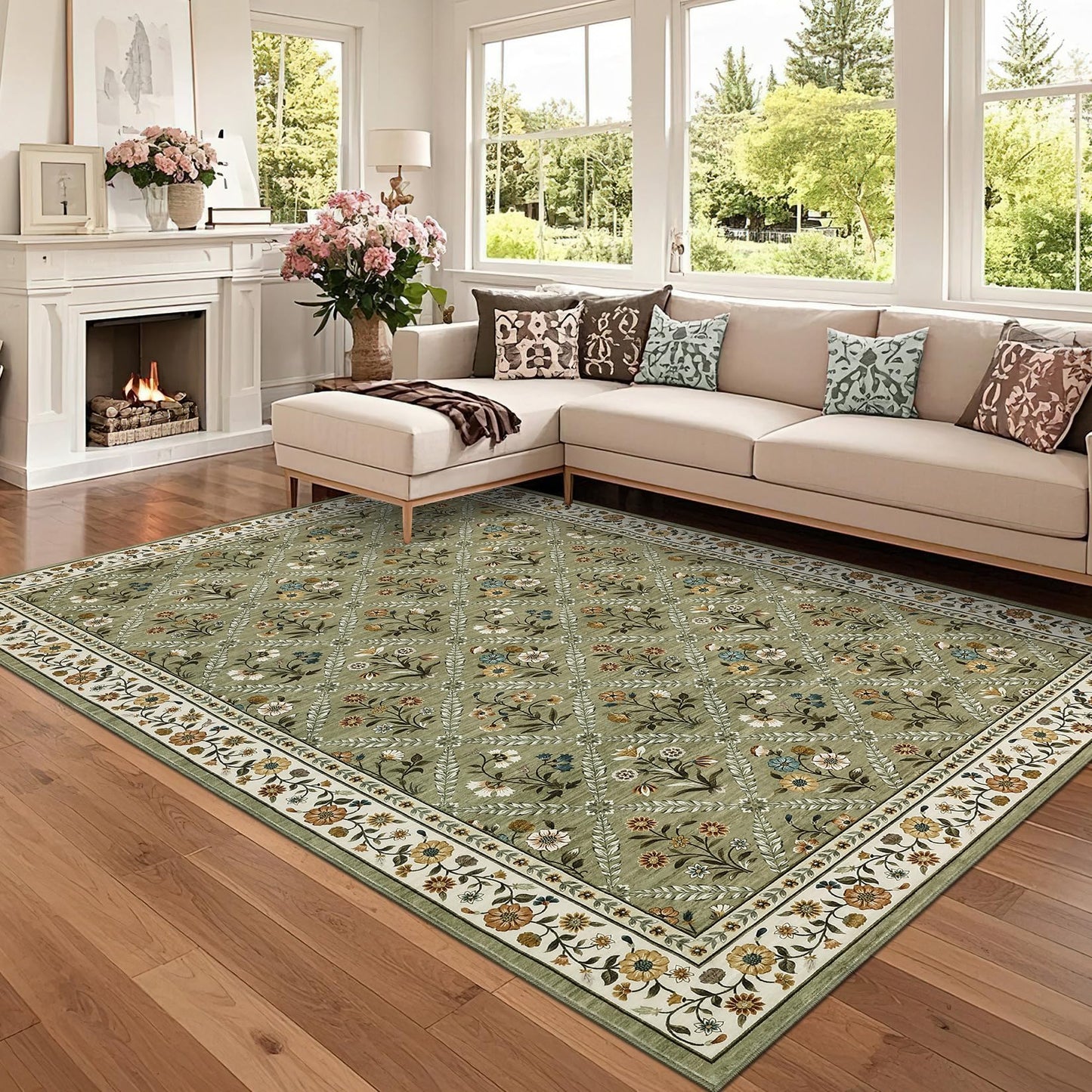 GarveeHome Living Room Rug 5x7 Rug Machine Washable Stain Resistant Area Rug Non Slip Floral Vintage Low Pile Rugs for Living Room, Bedroom, Farmhouse, Dining Room, Kids PlayroomGreen