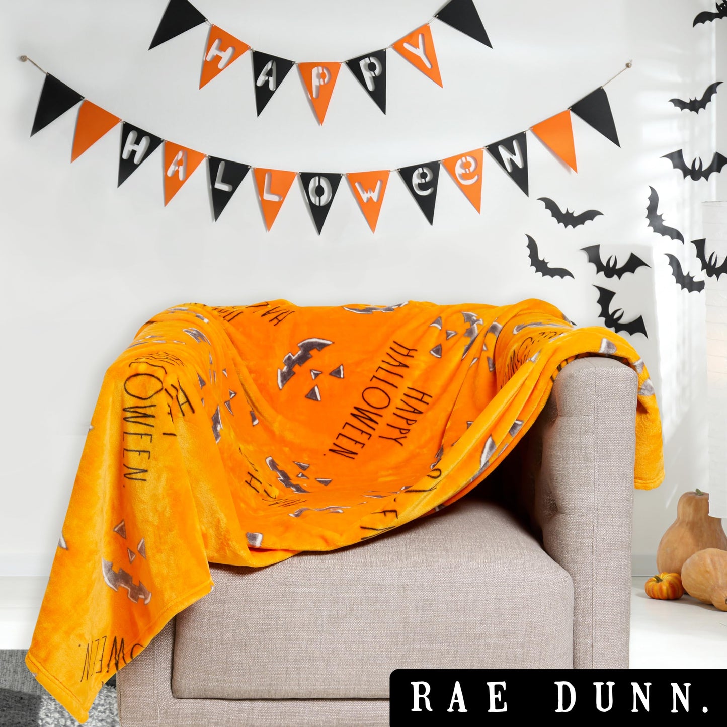 Rae Dunn Throw Blanket- Soft, Decorative Blankets for Bed or Couch, Cozy Throws for Sofa, Soft Plush Throw Embroidered Happy Halloween, 50 inches x 70 inches
