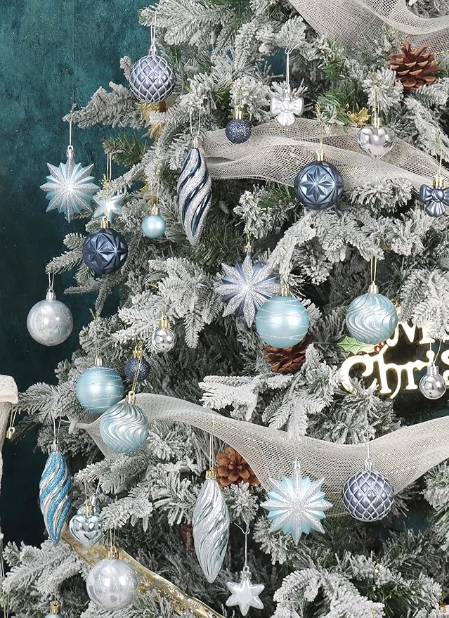 82Pcs Blue and Silver Christmas Ornaments Set,Shatterproof Christmas Decorations for Tree Assorted Plastic Craft Baubles Snowflake Ball Ornaments for Holiday Xmas Party Decor (Blue & Silver)