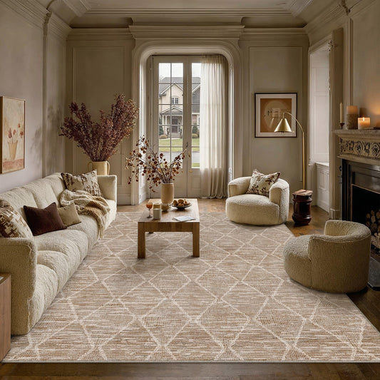 HUGEAR 8x10 Area Rug Brown Washable Rugs for Living Room Bedroom Neutral Modern Geometric Carpet Non-Shedding Non-Slip Low Pile Dining Room Office Indoor Home Decor