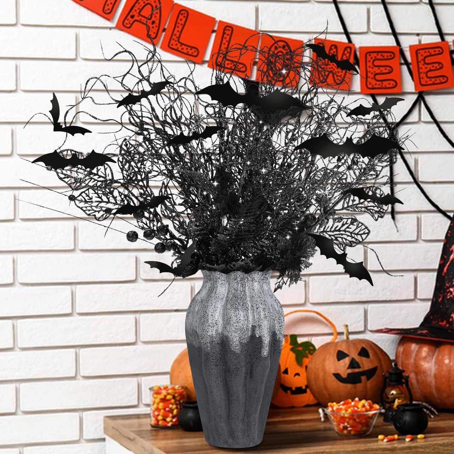 24 Pcs Artificial Halloween Branches Picks Ornaments with 12 Pcs Bats- Fake Black Berry & Flowers Stems Curly Willow Branches- Faux Glitter Black Floral Twig Stems Sticks for Halloween Xmas Home Decor