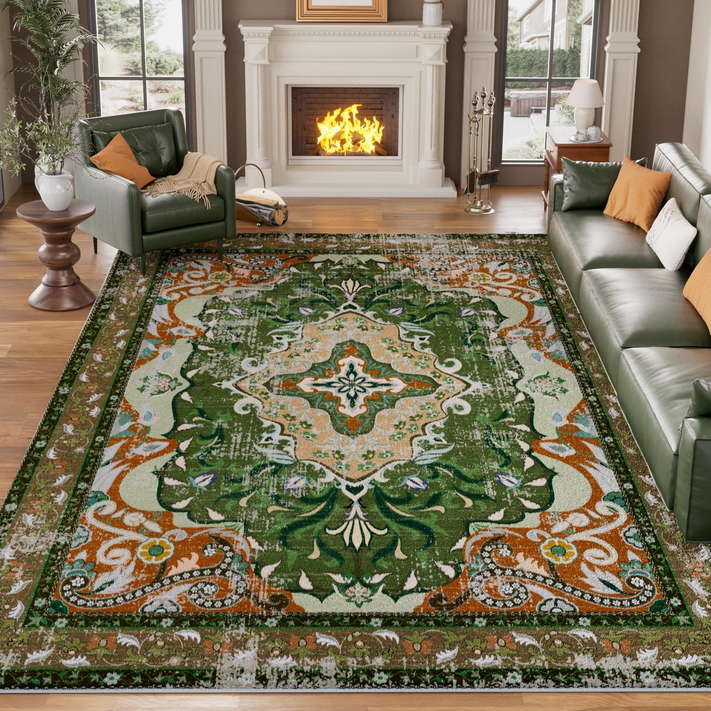 RUSHUFFY 6x9 Washable Area Rugs for Living Room, Non-Slip Boho Vintage Traditional Medallion Print Pattern Carpet for Bedroom Dining Room Farmhouse Nursery Room, Dark Green