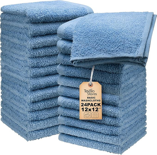 Basic Wash Cloths 12x12 Inches – Bulk Pack of 24 – Blue Color – Soft and