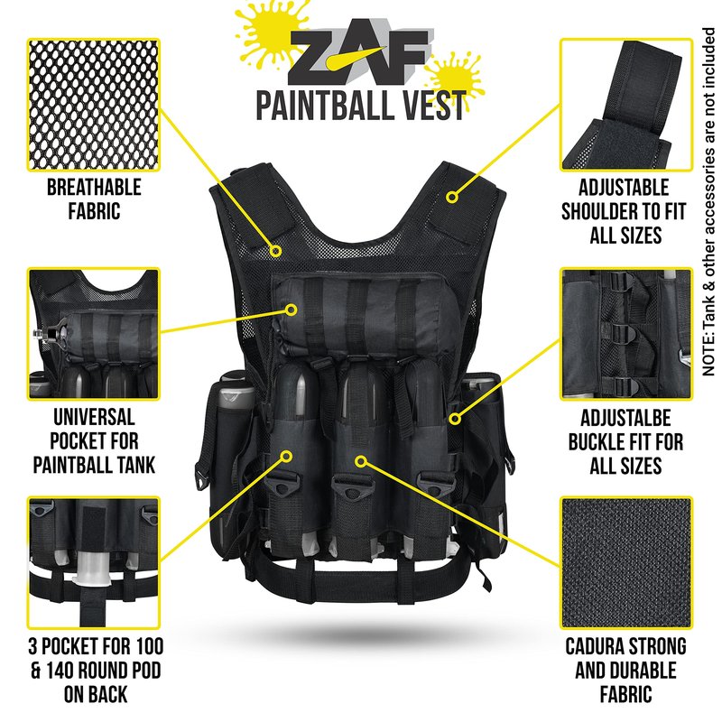 9 pod Paintball/Tactical Vest with Barrel Pouch and Neck protector Unisex Combat vest with Adjustable Sides and Shoulder to Fit all