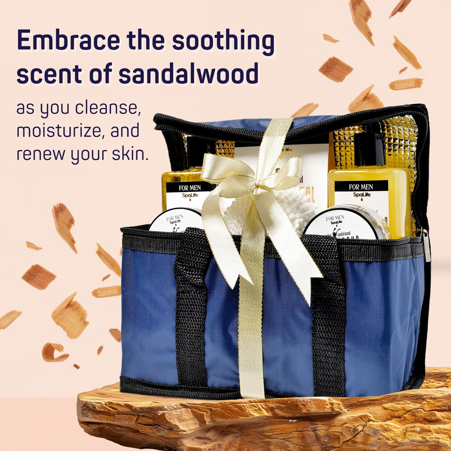 SpaLife Luxury Spa Skincare Sandalwood Gift Set for Men | Mens Body Wash Gifts | Mens Gift Set for Bath and Body | Christmas Gifts for Men | Cleansing, Moisturizing, Exfoliating | 7-Piece Bundle