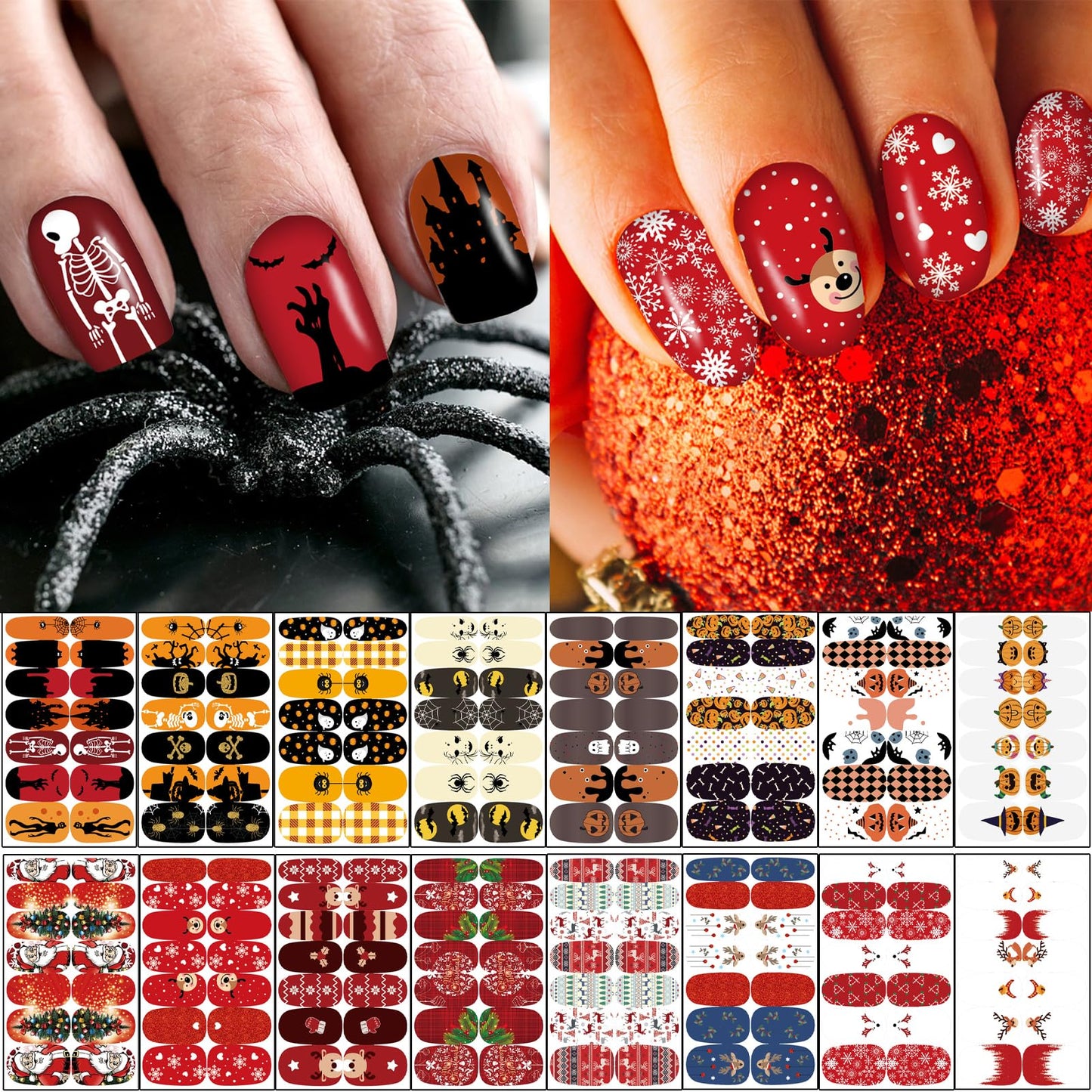 16 Sheets Holiday Nail Wraps Stickers, Halloween & Christmas All Seasonal Full Nail Polish Strips, DIY Self-Adhesive Fall Winter Nail Art Decals with 2 Piece Nail Files for Party Decor (224 Pieces)