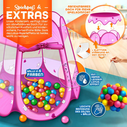KIDUKU® Childs Play Tent Pop-Up + 100 Balls + Carrying bag Play house Ball pool Castle for Indoor and Outdoor use 3 In 1 Playground for Children Baby Kids (Pink)
