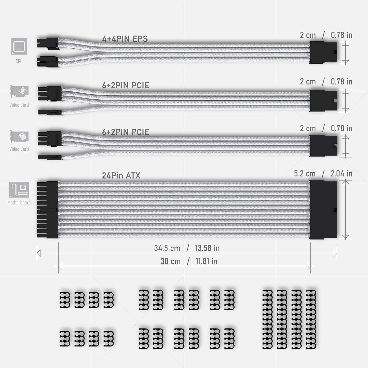 EZDIY-FAB PSU Cable Extension Sleeved Custom Mod GPU PC Power Supply Soft Nylon Braided with Comb Kit 24PIN/8PIN to 6+2Pin/ 8PIN to 4+4PIN-30CM 300MM - White