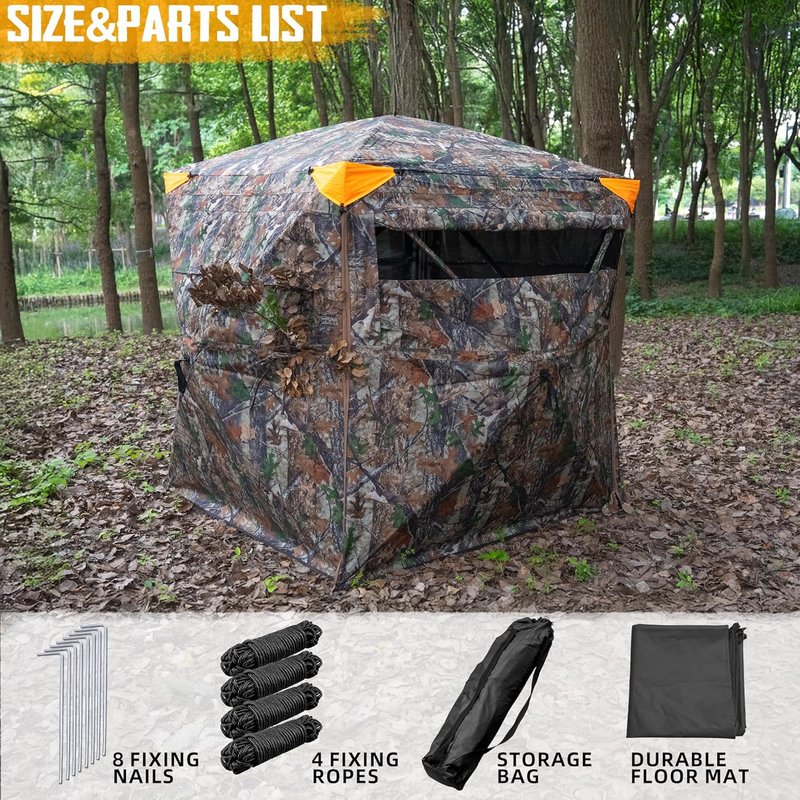 Hunting Blind - 360° See-Through Ground Blind with Chair & Floor Mat | 2-3 Person Camouflage, 58" W x 58" L x 66" H