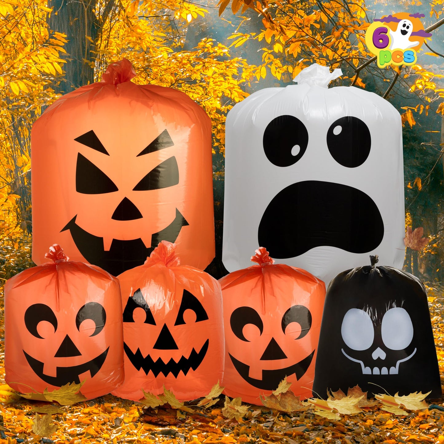 JOYIN 6 Pcs Halloween Leaf Bags, Pumpkin Leaf Lawn Bags for Yard Fall Leaf Outdoor Decorations, Plastic Resuable Jack o' Lantern Trash Bag for Halloween Decor Party Favors, Party Supplies