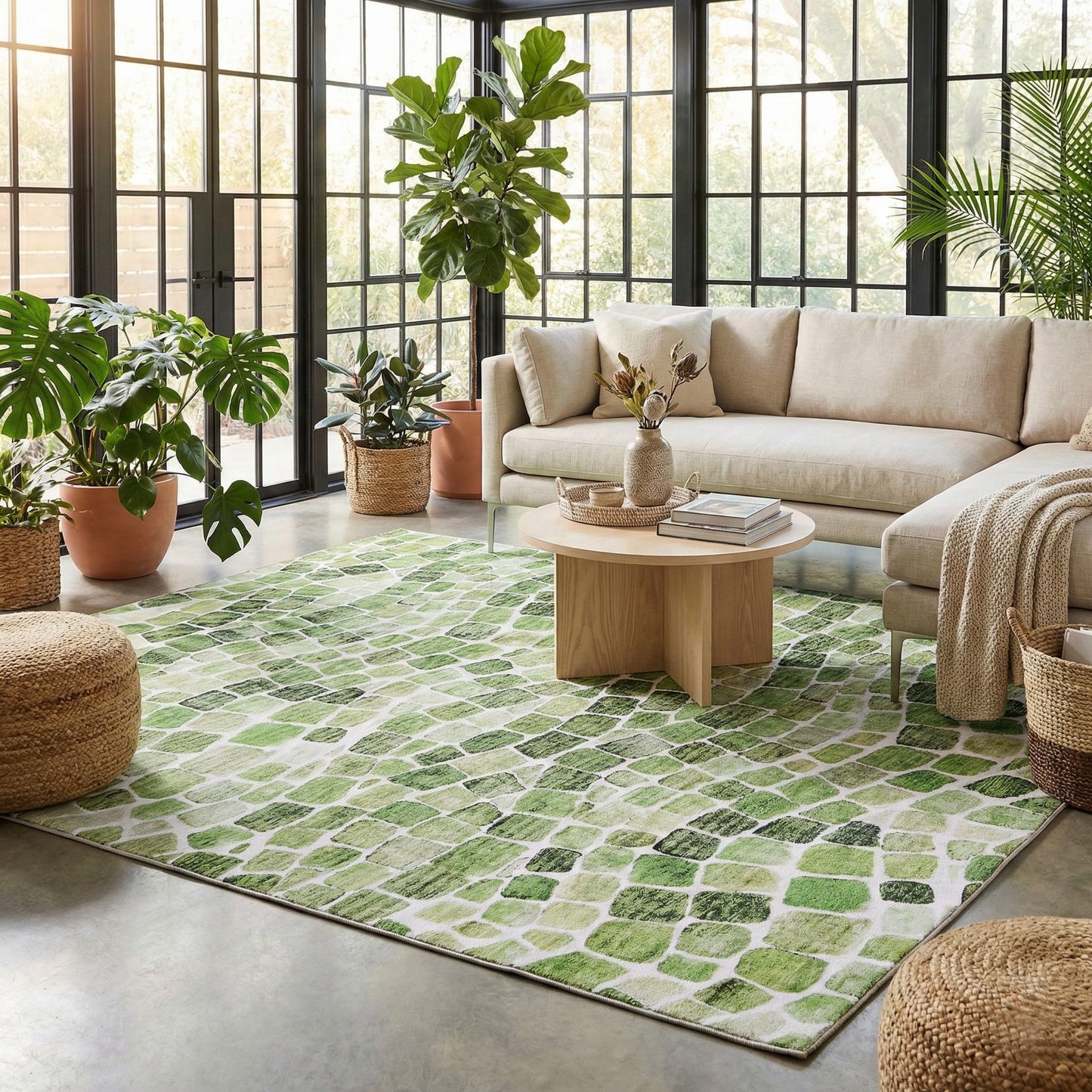 ReaLife Rugs Machine Washable Indoor Outdoor - Mat Rug Foldable Printed Thin Lightweight Cushioned Fade Resistant Patio Deck Dock Porch Pool Balcony Camping - Emery - Green 4' x 6'